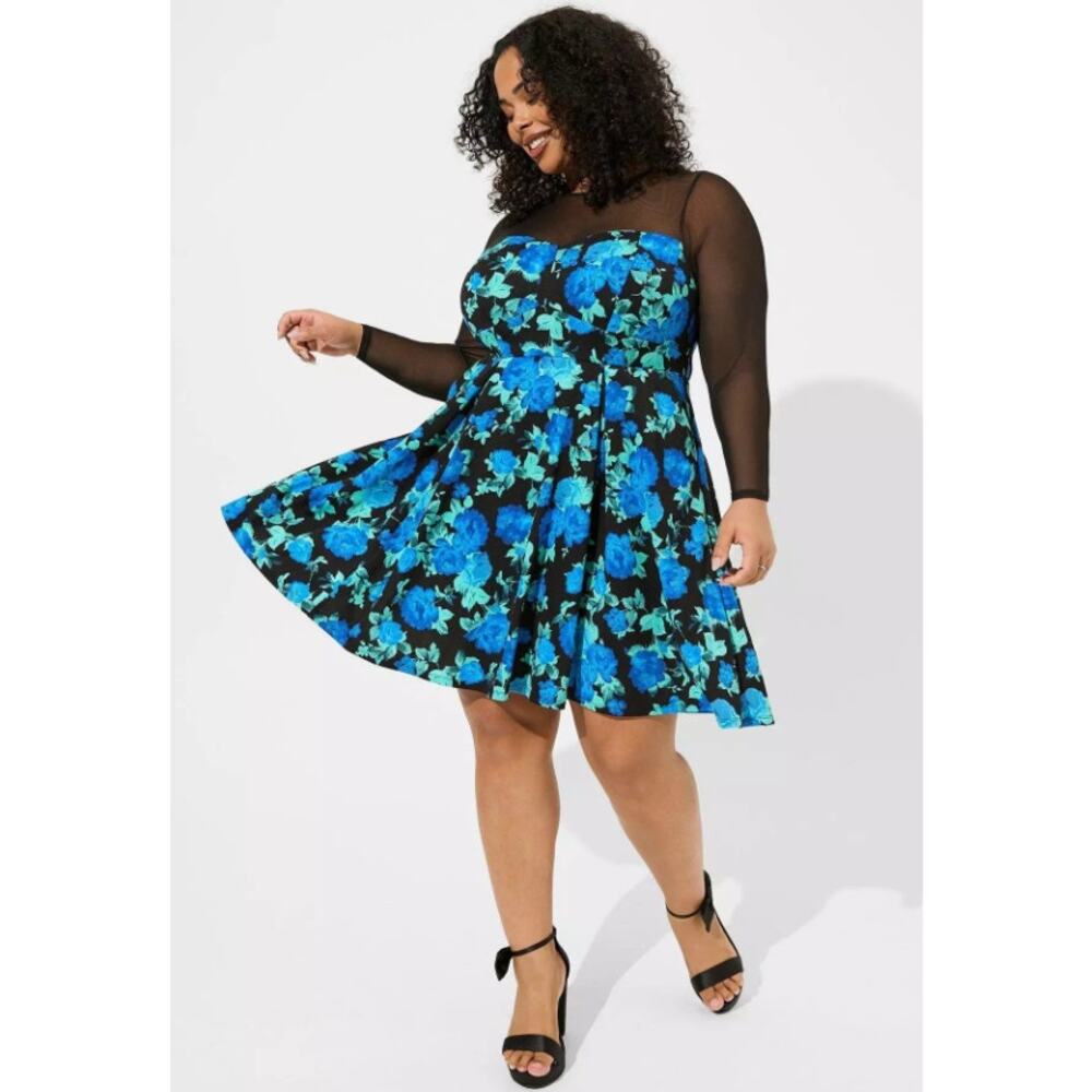 Floral Fit & Flare Dress with Sheer Yoke - Blue Floral